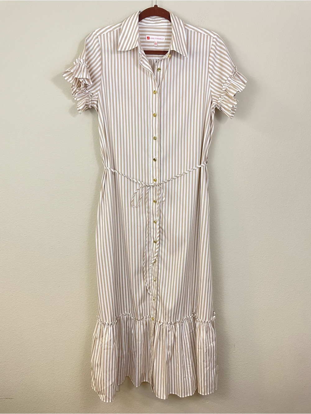 Jude Connally Striped Flutter Sleeves Button Up Tiered Midi Dress Tie Waist S - Picture 2 of 9